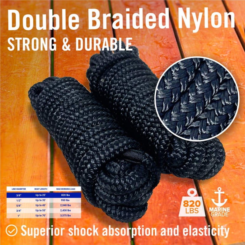 Better Boat Dock Lines Boat Ropes for Docking, 3/8" Double Braided Mooring Marine Rope, 15ft Nylon Rope with Loop, Black, 2 Pack - Image 4